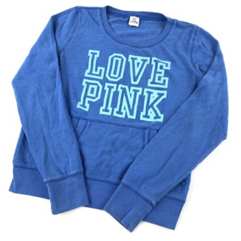 PINK Victoria’s Secret Y2K Sweatshirt L Blue Kangaroo Pocket Pullover Lounge